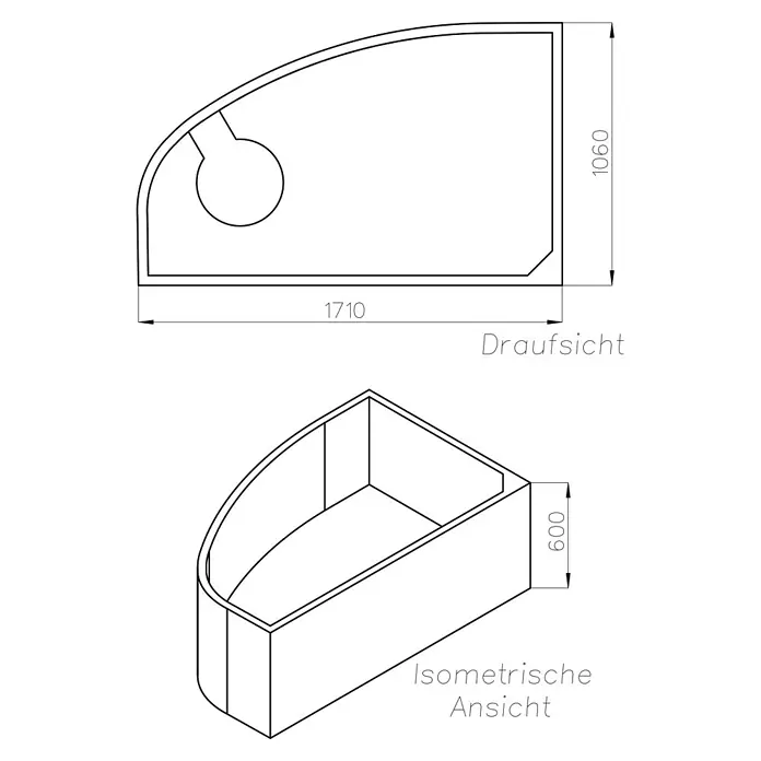 Ottofond Wannenträger Mauritius B - Passend für: Eckbadewanne Mauritius B 175 x 110 cm - Draufsicht und isometrische Ansicht einer Eckbadewanne mit den Maßen 1710x1060x600 mm, die ein modernes Badezimmererlebnis verspricht.