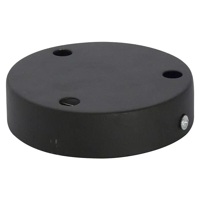 Chacon Baldaquín de lámpara metálico X3 - Metal, Negro, Número de cables: 3 ud. - Primer plano de una placa de techo negra y redonda con tres agujeros y un tornillo lateral.