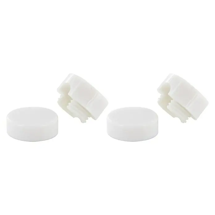 Chacon Gancho para colgar lámparas de techo V - Blanco - Primer plano de cuatro tapones de botella de plástico blanco. Estos tapones son ideales para sellar botellas de forma segura.