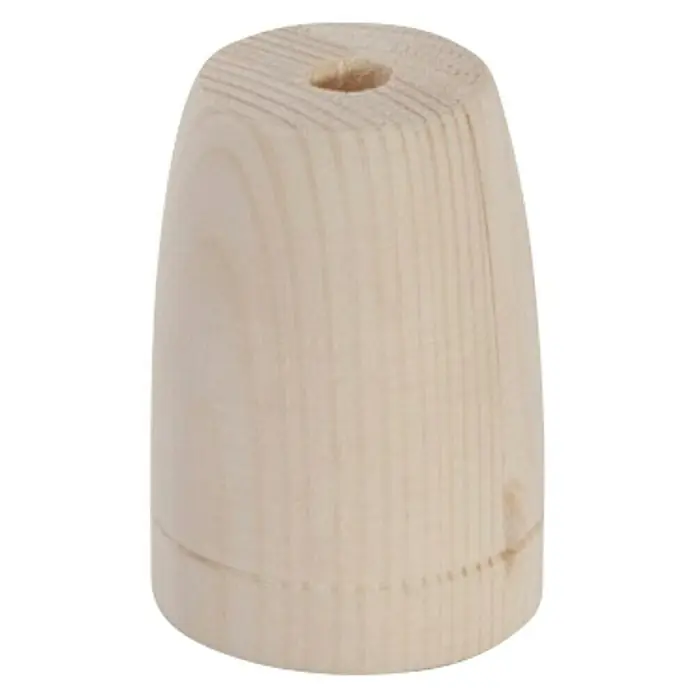 Chacon Casquillo Madera - Madera, Marrón, 1 ud. - Primer plano de un pomo de madera claro con forma de cono y un agujero en el centro.