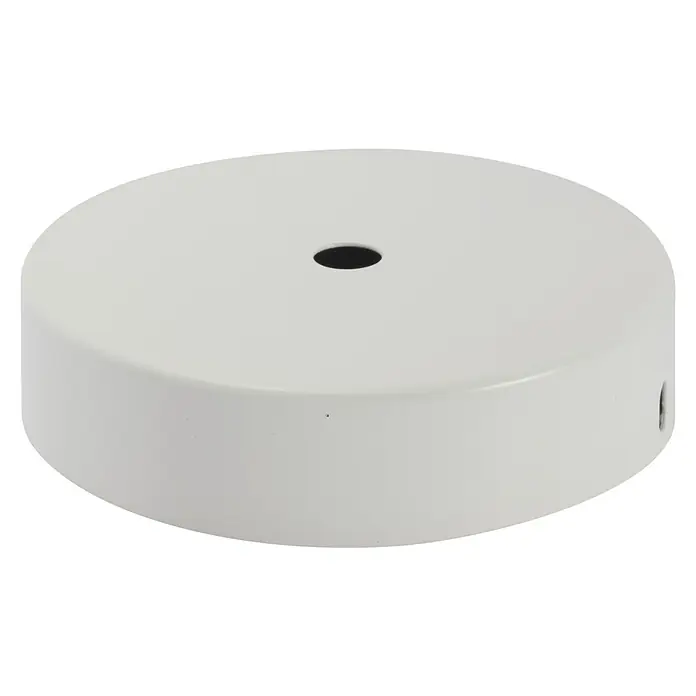Chacon Baldaquín de lámpara metálico - Metal, Blanco, Número de cables: 1 ud. - Primer plano de un florón de techo blanco con un orificio en el centro y un orificio en el lateral.