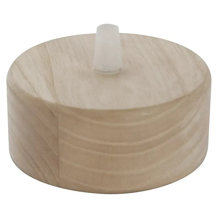 Chacon Baldaquín de lámpara - Madera, Marrón - Primer plano de un pie redondo de madera con un tapón de plástico blanco, ideal para muebles o proyectos DIY.