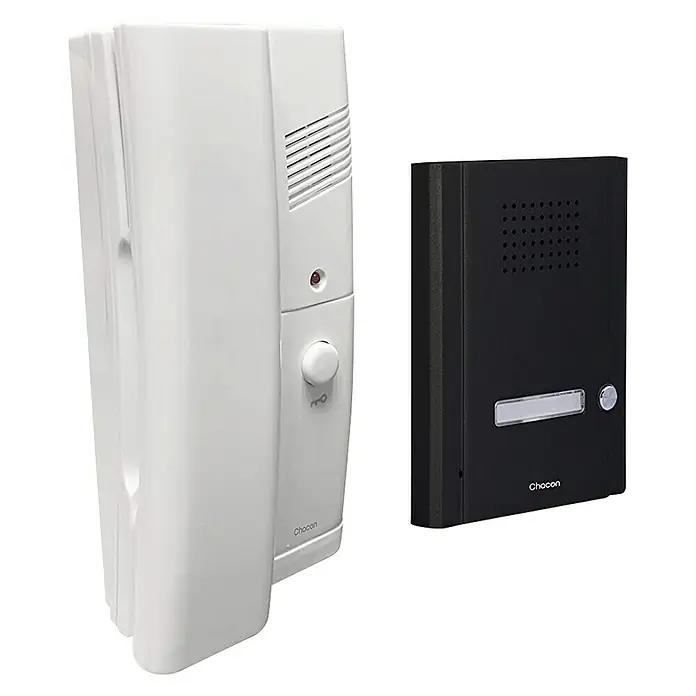 Chacon Interfono 2 hilos - Casa unifamiliar, Técnica 2+2 alambres - Imagen de un conjunto de sistema de intercomunicación Chacon, con una unidad interior blanca y una exterior negra.
