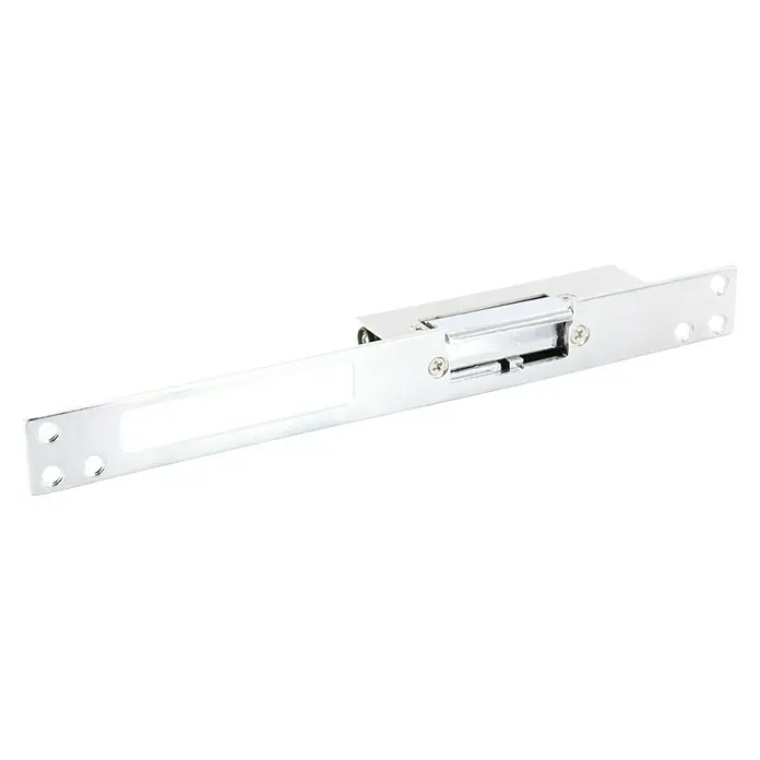 Chacon Cerradura electrónica - Apto para: Puertas, Metal, Aluminio - Un abrepuertas eléctrico plateado con un diseño alargado y orificios de montaje en los extremos, aislado sobre un fondo negro.