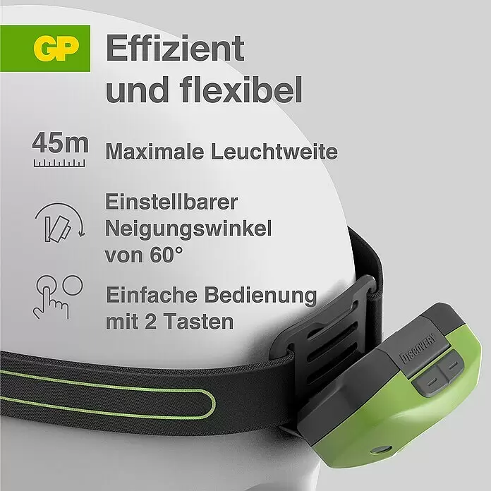 GP Stirnlampe CH43 - 61 x 47 x 37,3 mm, 35 lm - 150 lm, IPX4 - Grüne und schwarze Stirnlampe mit verstellbarem Gurt und Bedientasten.