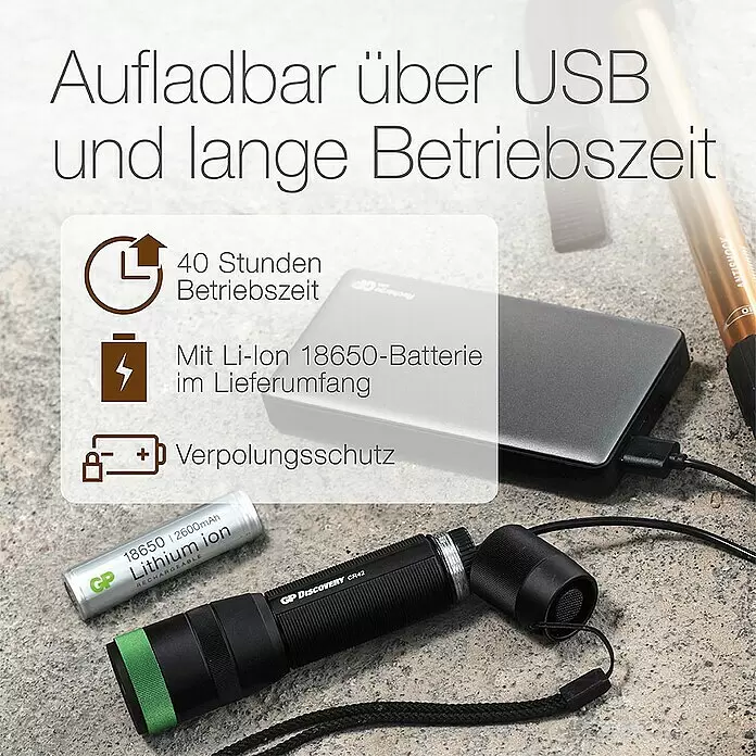 GP Taschenlampe CR42 - 40 lm - 1.000 lm, IPX7 - Informationsansicht