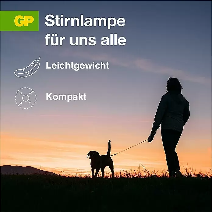 GP Stirnlampe CH42 - 59 x 45,6 x 33,5 mm, 40 lm - 110 lm, IPX4 - Informationsansicht