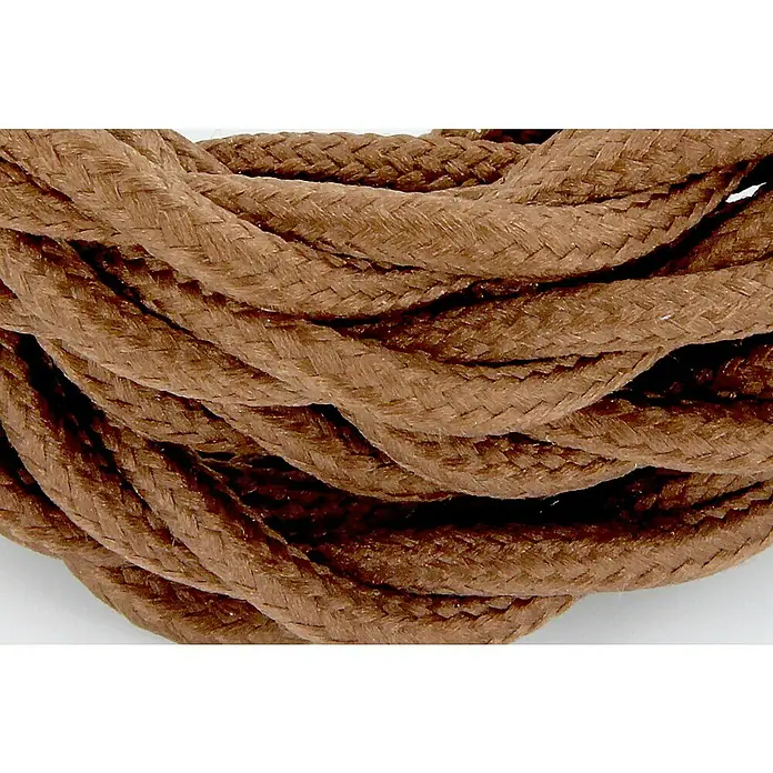 Chacon Cable textil trenzado decorativo - Marrón, Largo: 3 m, H03VVH2-F, Número de cables: 2, 0,75 mm² - Primer plano de un haz de cable textil marrón trenzado para lámparas y otros aparatos eléctricos.
