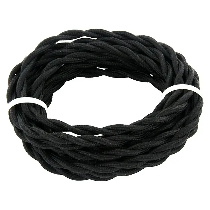 Chacon Cable textil trenzado decorativo - Negro, Largo: 3 m, H03VVH2-F, Número de cables: 2, 0,75 mm² - Un cable textil negro enrollado, sujeto con bridas blancas, yace sobre un fondo negro. Ideal para diversos proyectos eléctricos.
