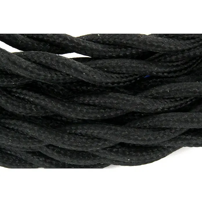 Chacon Cable textil trenzado decorativo - Negro, Largo: 3 m, H03VVH2-F, Número de cables: 2, 0,75 mm² - Primer plano de un cable textil negro trenzado, ideal para lámparas vintage e instalaciones eléctricas decorativas.