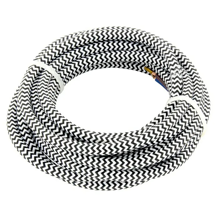 Chacon Cable textil decorativo - 3 m, Negro/Blanco - Cable textil blanco y negro con patrón en zigzag, enrollado y fijado con bridas. Ideal para lámparas y luces de aspecto vintage.