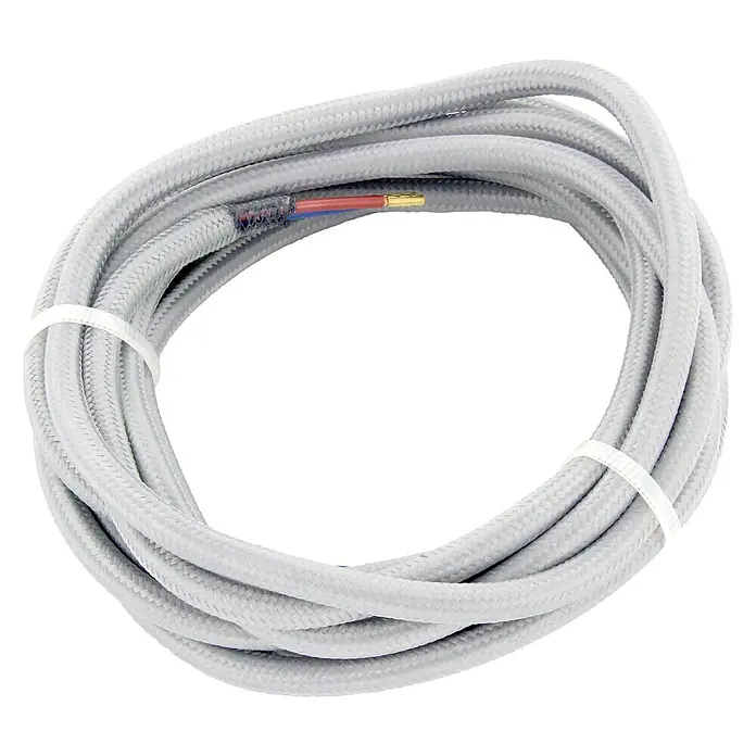 Chacon Cable textil decorativo - 3 m, Gris - Primer plano de un cable calefactor gris enrollado que muestra cables de colores expuestos y bridas.