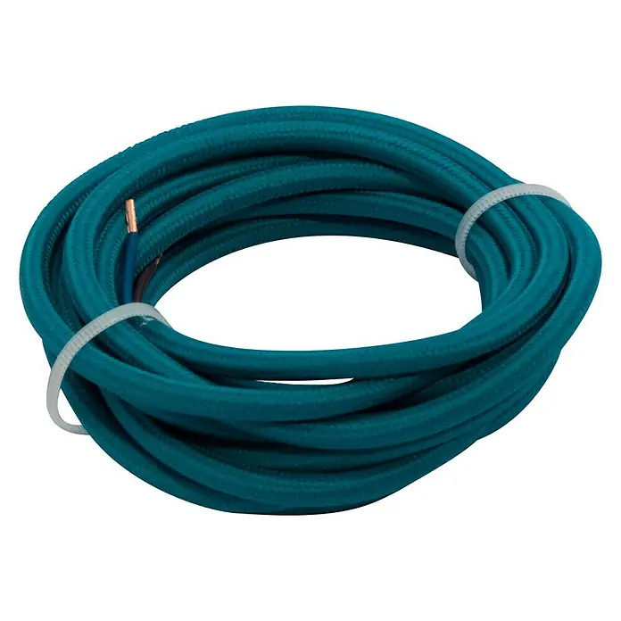 Chacon Cable textil decorativo - 3 m, Azul - Cable textil turquesa enrollado y asegurado con una brida. El extremo del cable con los cables expuestos es visible.