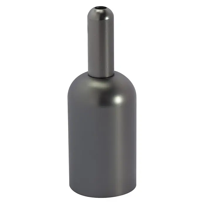 Chacon Casquillo metálico - Metal, Titanio moderno, 1 ud. - Primer plano de una elegante botella de fragancia gris con forma redondeada y tapón cilíndrico.