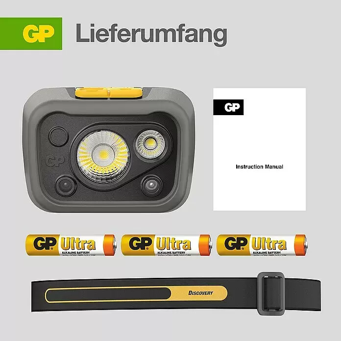 GP Stirnlampe CHW54 - 66 x 48,7 x 37,5 mm, 34 lm - 375 lm, IPX5 - Informationsansicht