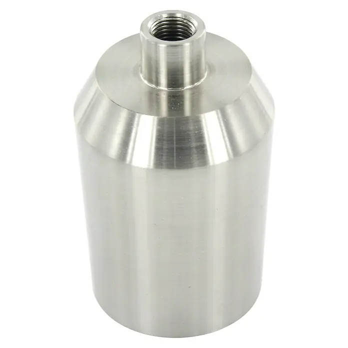 Chacon Casquillo metálico - Metal, Plateado, 1 ud. - Primer plano de un recipiente cilíndrico plateado de acero inoxidable con una abertura roscada en la parte superior.