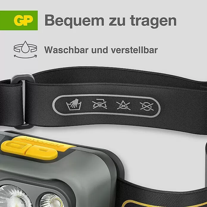 GP Stirnlampe CHW54 - 66 x 48,7 x 37,5 mm, 34 lm - 375 lm, IPX5 - Informationsansicht