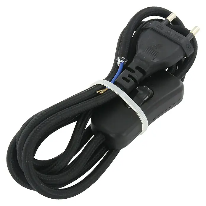 Chacon Cable textil con interruptor - 2 m, Negro, H03VV-F, Número de cables: 2, 0,75 mm² - Cable de lámpara negro con interruptor y enchufe. El cable está atado con una brida y parece de alta calidad.