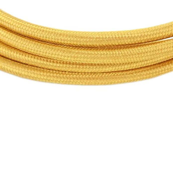 Chacon Cable textil con interruptor - 2 m, Oro, H03VV-F, Número de cables: 2, 0,75 mm² - Primer plano de un cable textil trenzado amarillo, enrollado varias veces. Ideal para soluciones de iluminación elegantes con toque vintage.