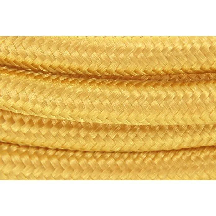 Chacon Cable textil con interruptor - 2 m, Oro, H03VV-F, Número de cables: 2, 0,75 mm² - Primer plano de un cable textil trenzado amarillo.