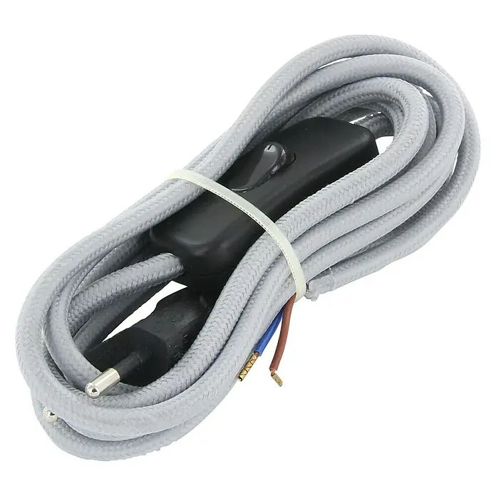 Chacon Cable textil con interruptor - 2 m, Gris, H03VV-F, Número de cables: 2, 0,75 mm² - Cable de alimentación gris, cubierto de tela, con enchufe europeo e interruptor, enrollado y sujeto con brida.