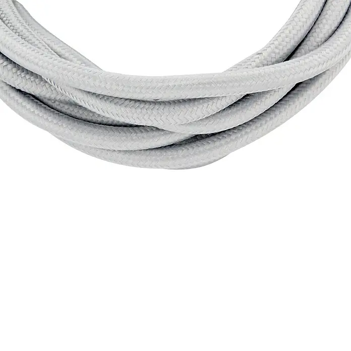 Chacon Cable textil decorativo - 3 m, Gris - Primer plano de un cable textil en espiral de color gris claro, ideal para lámparas e iluminación con un efecto decorativo.