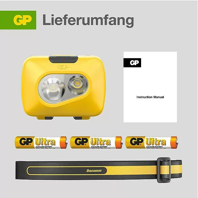 GP Stirnlampe CH42 - 59 x 45,6 x 33,5 mm, 40 lm - 110 lm, IPX4 - Informationsansicht