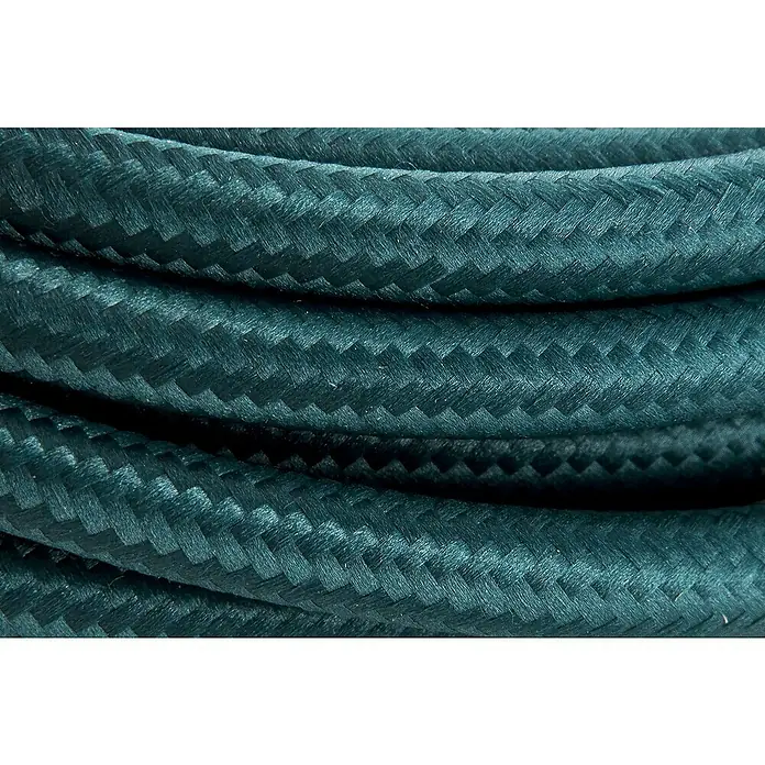Chacon Cable textil decorativo - 3 m, Azul - Primer plano de un cable trenzado verde oscuro. El cable está enrollado en espiral y muestra una textura fina.