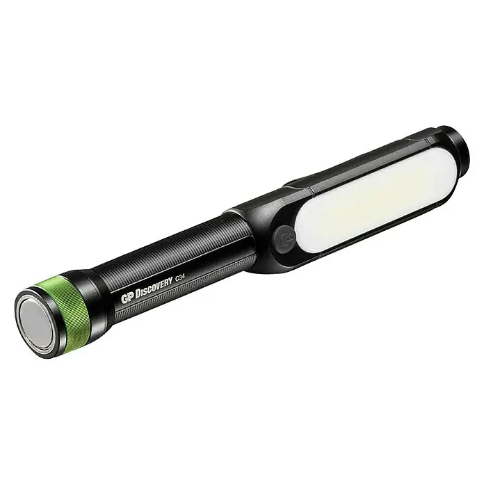 GP Taschenlampe C34 - 85 lm - 550 lm, IPX4 - Eine GP Discovery C34 Stablampe, die sowohl als Taschenlampe als auch als Arbeitsleuchte dient, ideal für verschiedene Beleuchtungsbedürfnisse.