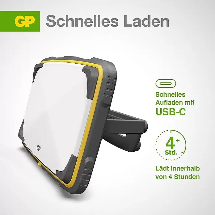 GP LED-Arbeitsleuchte CWP15 - 25 lm - 1.200 lm, Lichtfarbe: Neutralweiß, IPX7 - Weißes, graues Ladegerät mit gelben Akzenten, USB-C-fähig, lädt schnell in unter 4 Stunden.