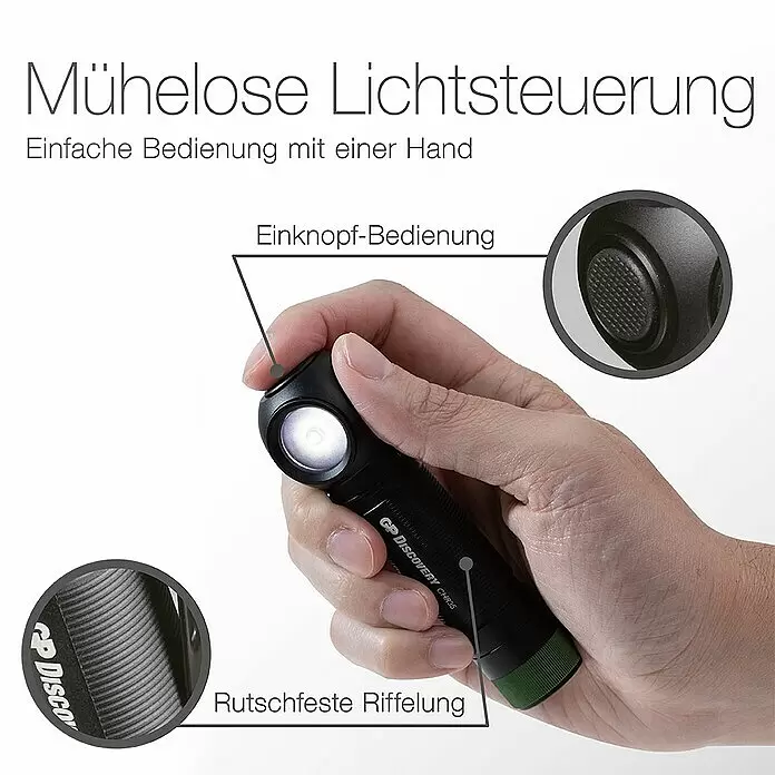 GP Stirnlampe /Taschenlampe CH35 - 15 lm - 600 lm, IPX4 - Informationsansicht