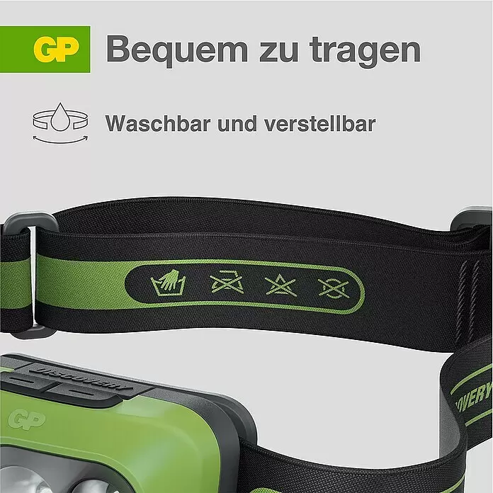 GP Stirnlampe CH43 - 61 x 47 x 37,3 mm, 35 lm - 150 lm, IPX4 - Verstellbare, waschbare und bequeme grün-schwarze Stirnlampe.