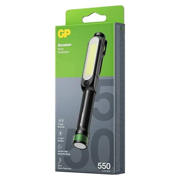 GP Taschenlampe C34 - 85 lm - 550 lm, IPX4 - Die GP Discovery Arbeitsleuchte mit 550 Lumen bietet 2 Lichtquellen, 4 Modi, Magnetfuß und ist wasserabweisend.