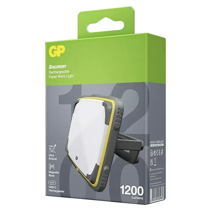 GP LED-Arbeitsleuchte CWP15 - 25 lm - 1.200 lm, Lichtfarbe: Neutralweiß, IPX7 - GP Discovery wiederaufladbares Flächenarbeitslicht in grüner und grauer Verkaufsverpackung, 1200 Lumen.