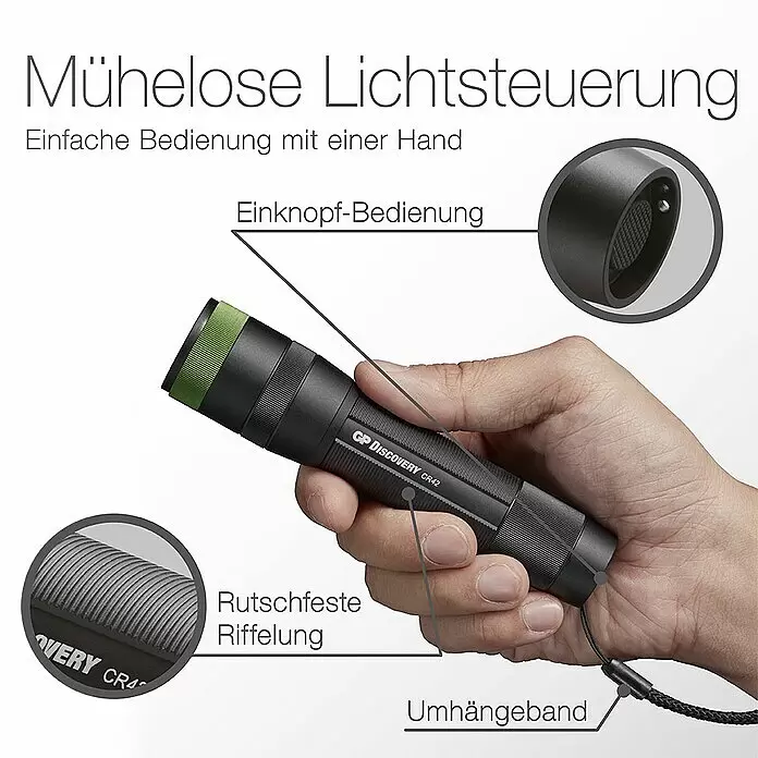 GP Taschenlampe CR42 - 40 lm - 1.000 lm, IPX7 - Informationsansicht