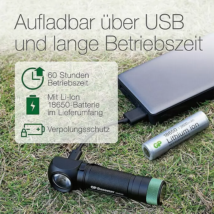 GP Stirnlampe /Taschenlampe CH35 - 15 lm - 600 lm, IPX4 - Informationsansicht
