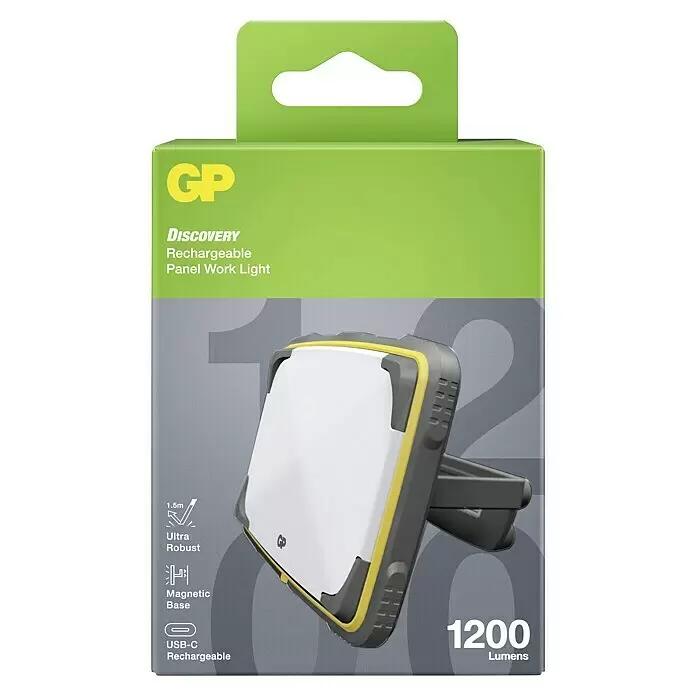 GP LED-Arbeitsleuchte CWP15 - 25 lm - 1.200 lm, Lichtfarbe: Neutralweiß, IPX7 - Grün-graue Verpackung für eine wiederaufladbare GP Discovery 1200 Lumen Panel-Arbeitsleuchte, robust mit USB-C und Magnetfuß.