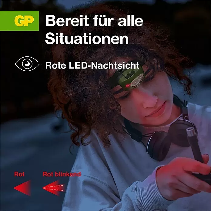 GP Stirnlampe CH43 - 61 x 47 x 37,3 mm, 35 lm - 150 lm, IPX4 - Grüne Stirnlampe, von Person getragen, zeigt rote LED-Nachtsicht mit Dauer- und Blinkmodus.