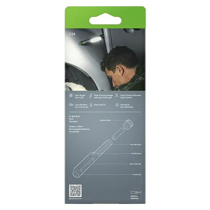 GP Taschenlampe C34 - 85 lm - 550 lm, IPX4 - Abbildung einer GP C34 Arbeitsleuchte mit Cree LED, langer Laufzeit, Clip und Aluminiumgehäuse mit rutschfester Oberfläche.