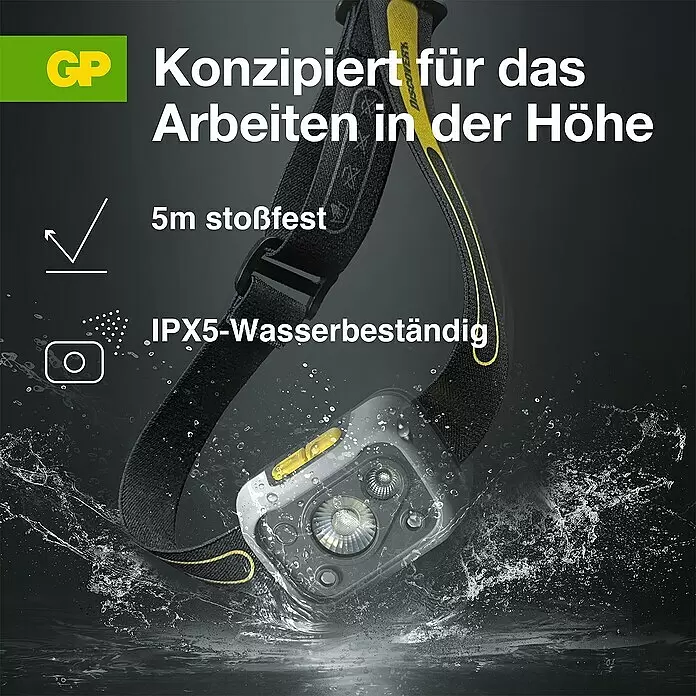 GP Stirnlampe CHW54 - 66 x 48,7 x 37,5 mm, 34 lm - 375 lm, IPX5 - Informationsansicht