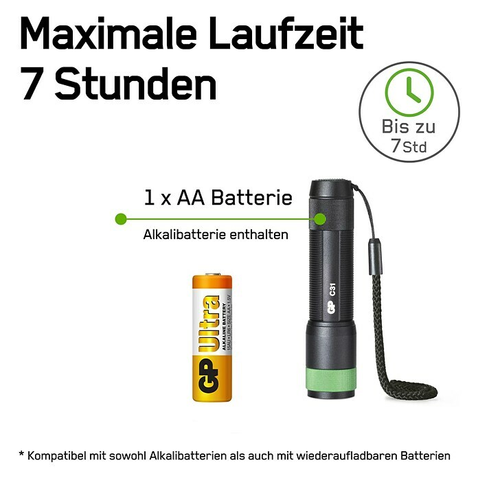 GP LED-Taschenlampe C31X (Batteriebetrieben, Schwarz/Grün, 100 lm) | BAUHAUS