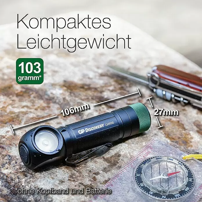 GP Stirnlampe /Taschenlampe CH35 - 15 lm - 600 lm, IPX4 - Informationsansicht