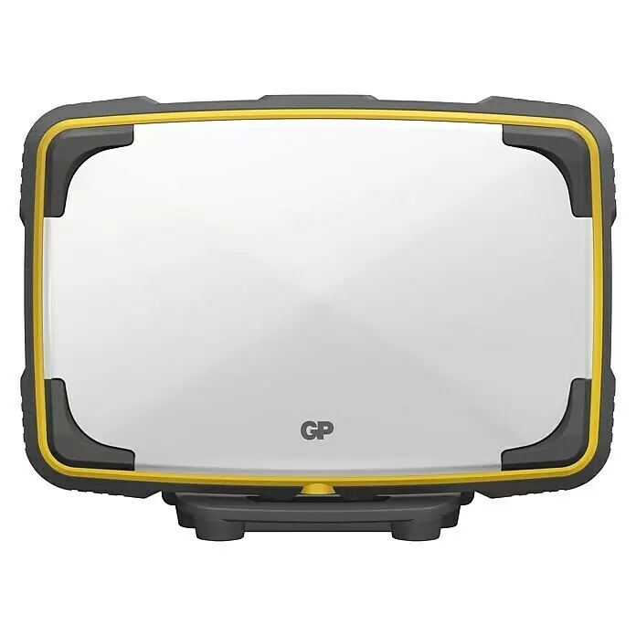 GP LED-Arbeitsleuchte CWP15 - 25 lm - 1.200 lm, Lichtfarbe: Neutralweiß, IPX7 - Rechteckiger, tragbarer Arbeitsstrahler mit grauem, robustem Gehäuse, gelbem Rand und weißer Leuchtfläche mit GP-Logo.