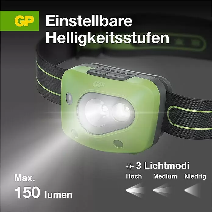 GP Stirnlampe CH43 - 61 x 47 x 37,3 mm, 35 lm - 150 lm, IPX4 - Grüne und schwarze Stirnlampe mit max. 150 Lumen Helligkeit und drei Lichtmodi.