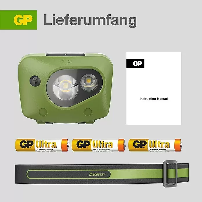 GP Stirnlampe CH43 - 61 x 47 x 37,3 mm, 35 lm - 150 lm, IPX4 - Lieferumfang: Grüne Stirnlampe, drei GP Ultra AAA Alkaline-Batterien, Anleitung und schwarzes Kopfband.