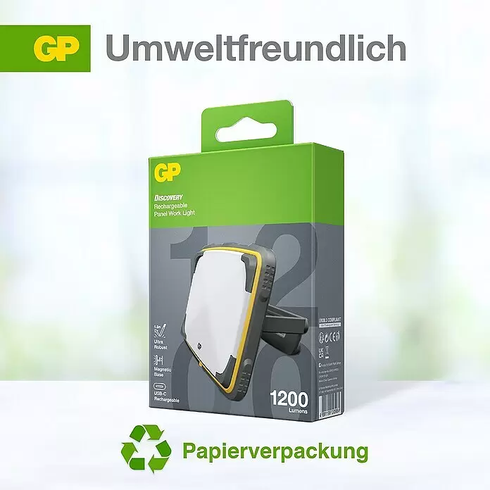 GP LED-Arbeitsleuchte CWP15 - 25 lm - 1.200 lm, Lichtfarbe: Neutralweiß, IPX7 - GP Discovery wiederaufladbare Arbeitsleuchte in umweltfreundlicher Papierverpackung mit Magnetfuß, USB-C und 1200 Lumen.