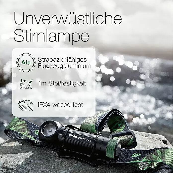 GP Stirnlampe /Taschenlampe CH35 - 15 lm - 600 lm, IPX4 - Informationsansicht