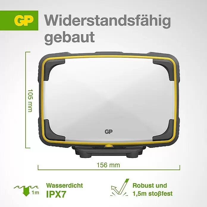 GP LED-Arbeitsleuchte CWP15 - 25 lm - 1.200 lm, Lichtfarbe: Neutralweiß, IPX7 - Robustes, rechteckiges Arbeitslicht mit schwarzem Gehäuse, gelbem Rand und grauer Front, IPX7 wasserdicht und 1,5 m stoßfest.