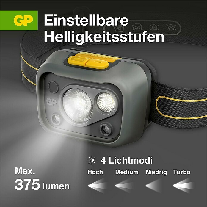 GP Stirnlampe CHW54 (Grau/gelb, Batteriebetrieben, LED, 34 lm - 375 lm, Kunststoff) | BAUHAUS