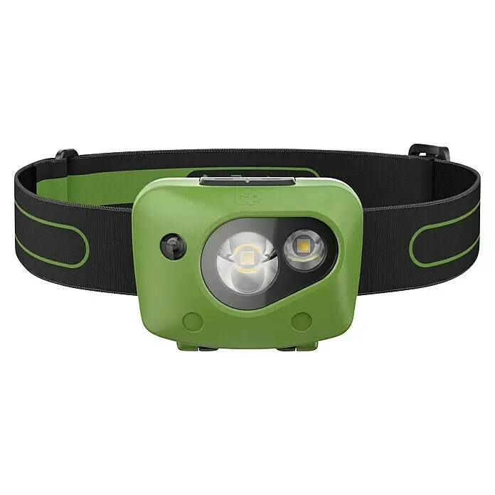GP Stirnlampe CH43 - 61 x 47 x 37,3 mm, 35 lm - 150 lm, IPX4 - Grüne Stirnlampe mit schwarzem und grünem verstellbaren Band, ausgestattet mit zwei LED-Leuchten für freihändige Beleuchtung.